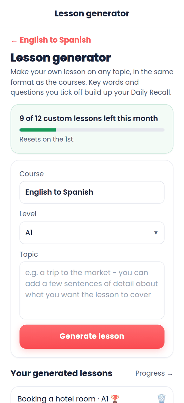 Lesson generator screen