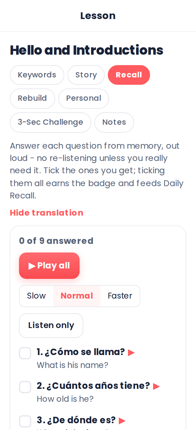 Quick Recall screen